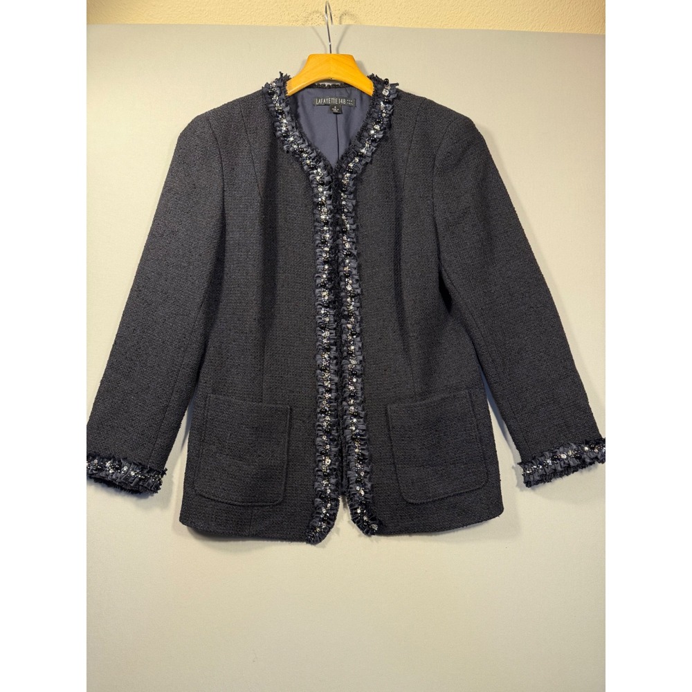 Lafayette 148 New York Navy Blue Tweed Beaded Ruffle Trim Jacket Size 4